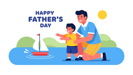 Obraz premium Happy Father's Day: A father and son celebrate Father's Day by watching a sailboat on the water, enjoying a sunny day together.
