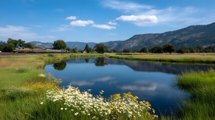 Fototapeta premium A serene landscape captures the reflection of a bright blue sky and white clouds on calm water surrounded by rolling hills