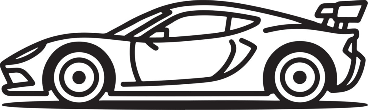 Futuristic Sports Car Side View Outline: Linear Vector Icon of a Sleek Racing Supercar with Wing Spoiler for Automotive Branding