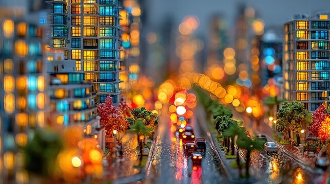Vibrant city street at night with tilt-shift miniature effect and glowing urban lights.
