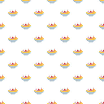 Delicious ice cream sundaes and banana splits repeating across a white background