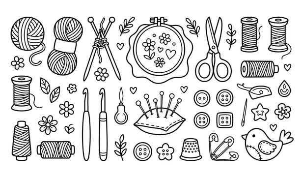 Needlework tool kit coloring book vector with yarn needles hoops and scissors
