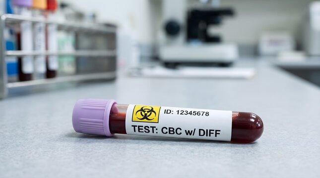 Medical blood sample tube for CBC with differential test, clinical laboratory diagnostic vial on counter, biohazard labeled hematology specimen