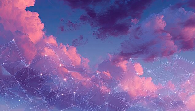 Ethereal network of light points and lines across a dreamy, pink-tinged cloudy sky