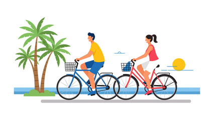 Fototapeta premium Tropical Bicycle Ride: A couple enjoys a scenic bicycle ride along a tropical coastline, with palm trees swaying and the sun shining brightly over the ocean.