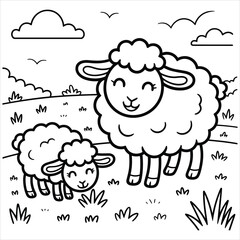 Obraz premium Cute Cartoon Sheep and Lamb in Field Line Art Baby Animals Farm Life Simple Illustration