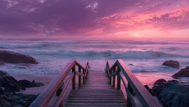 Wooden walkway leads to the ocean at sunset with pink sky