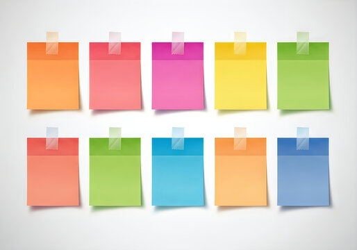 Collection of colorful sticky notes attached to a white surface with tape