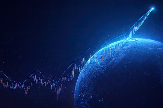Glowing upward trend line with stock market chart overlays a dark planet