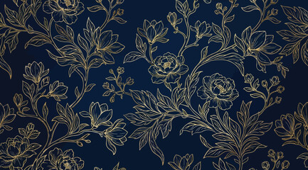 Elegant seamless pattern with gold floral line art on a dark blue background © S.Siam