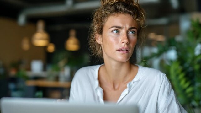 Concerned Woman at Work: A young woman with curly hair pulled back in a bun looks off to the side with a worried expression, seated in front of a laptop in a modern.