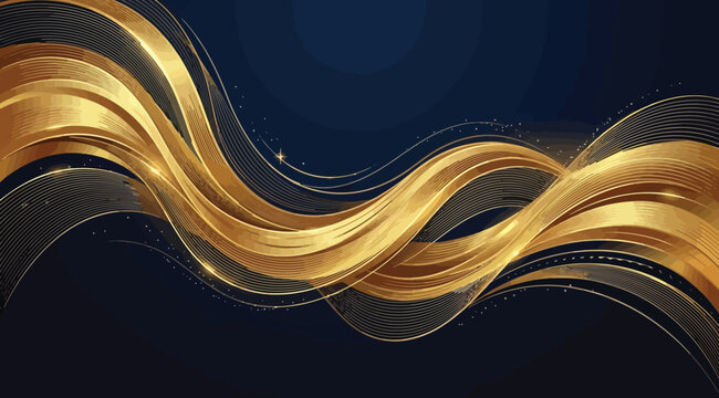 Abstract background with golden flowing lines and sparkles on dark blue