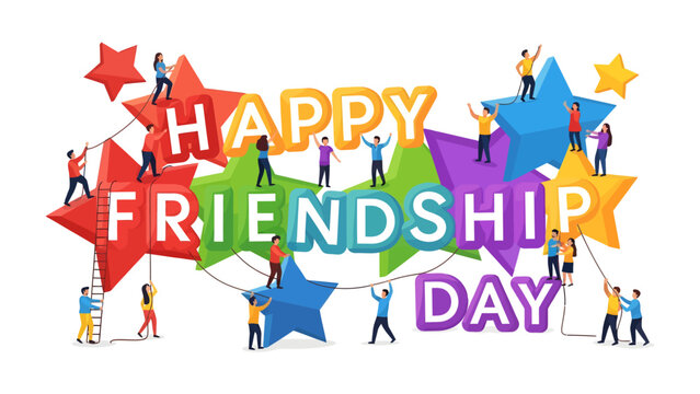 Celebrating Friendship Day: A vibrant illustration depicts a group of diverse people actively engaged in constructing a joyous Happy Friendship Day message, highlighting connection and camaraderie