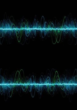 A complex abstract digital background showing blue and green sine waves and frequency modulation patterns, representing energy flow and rhythmic vibration ,flow ,geometric ,complex