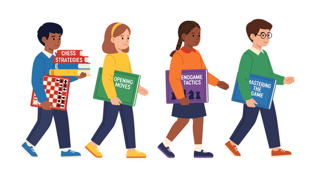 Young Chess Enthusiasts Learning: A group of diverse children confidently walk forward, carrying chess books and boards, embodying a passion for the game and the pursuit of knowledge.