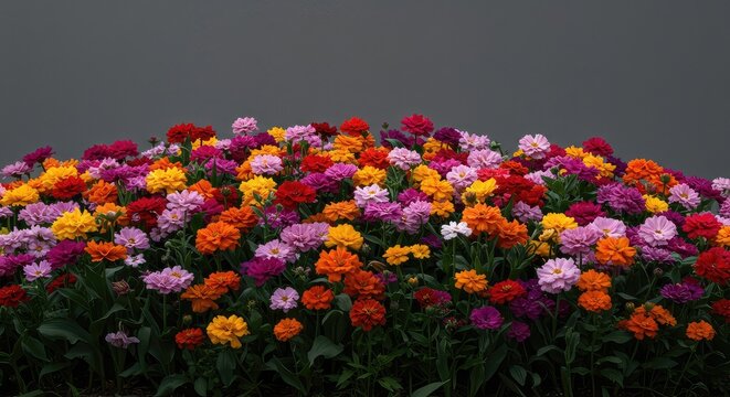 A densely planted garden bed filled with many varieties of colorful flowers, resembling a large, natural springtime bouquet overflowing with blooms ,horticulture ,dense ,vivid