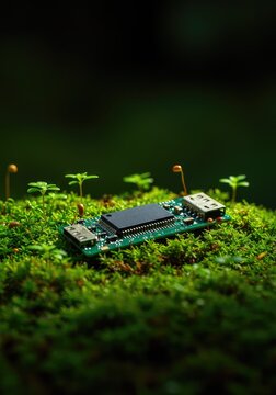 A detailed view of miniature electronic components nestled among damp, bright green moss and small forest flora, representing digital nature merging ,exploration ,growth ,biology