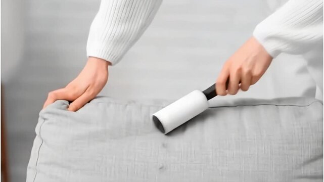 Person using lint roller on fabric surface.