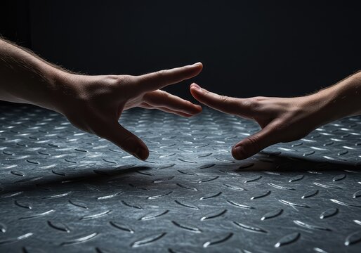A determined gesture seeking physical contact with a vast, cold expanse of textured metal plating, emphasizing industrial material science and effort ,exploration ,touching ,material