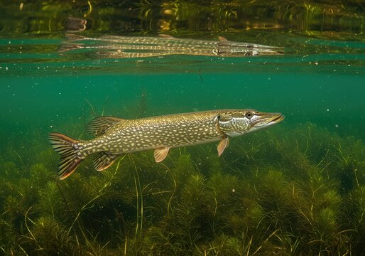 A large predatory northern pike swimming swiftly in clear, shallow fresh water among submerged aquatic plants ,wildlife ,northern pike ,underwater