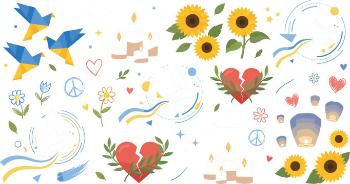 Ukraine Peace and Support Vector Icon Set with Blue and Yellow Origami Doves, Sunflowers, Broken Hearts, Peace Signs, and Memorial Candles Graphic Desig