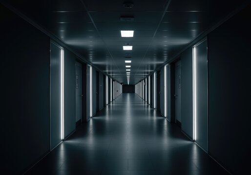 A long, empty architectural corridor vanishing point perspective creating a huge sense of deep distance and space ,depth ,future ,repeating