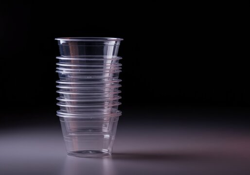 A neatly stacked row of small, clear disposable plastic cups used for controlling food portions, ideal for dipping sauces and sampling ,size ,accessory ,restaurant
