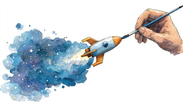 Artistic hand paints a rocket blasting through a colorful, star-filled nebula