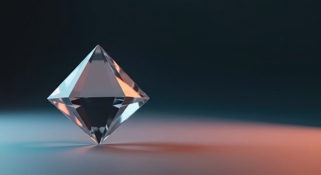 A perfectly rendered transparent geometric crystal structure forming a sharp, multifaceted diamond shape against a brilliant, clean background space ,sharp ,transparent ,geometric