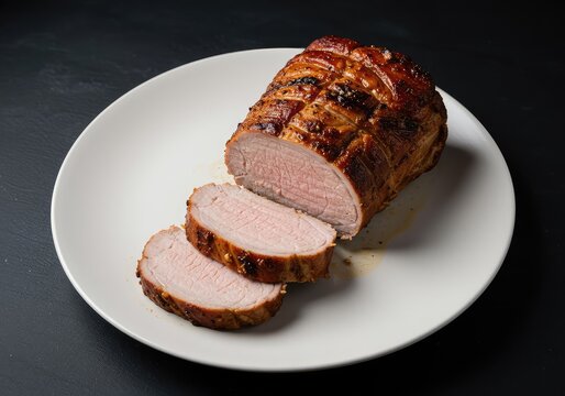 A perfectly roasted whole pork tenderloin, sliced and served on a simple white plate, ready for a delicious family dinner ,lean ,sliced ,carving