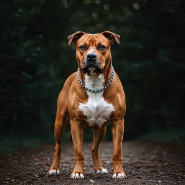 A powerful muscular brown and white dog stands alertly outdoors. The strong canine exhibits loyalty and determination in its serious gaze ,white ,brown ,snout