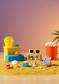 A playful tabletop setup creating a miniature summer beach scene with tiny accessories, bright colors, and golden sand ,conceptual ,optimistic ,resort