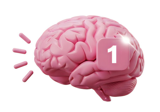 3D rendering of a pink brain with a numbered lightbulb icon indicating the first idea