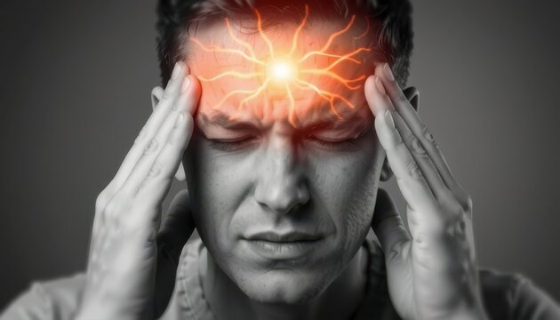Man with glowing red headache pain illustration on forehead. Suitable for medical blogs, healthcare articles, pharmacy ads, and health websites.