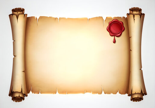 A blank, aged parchment scroll with a red wax seal, perfect for historical documents or announcements