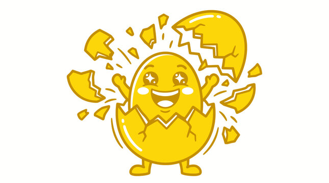 Joyful yellow egg character hatching from its shell with excitement and sparkle, ready for a new beginning