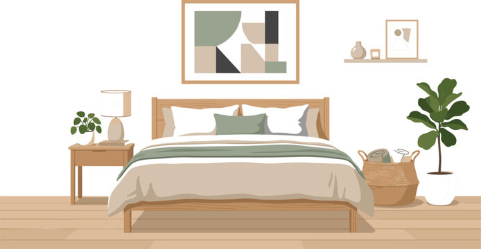 Minimalist Boho Bedroom Interior Vector Illustration with Wooden Double Bed Side Table Geometric Wall Art and Fiddle Leaf Fig Plant Graphic Designs