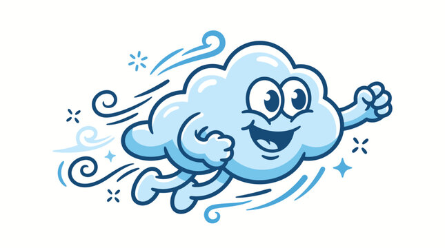 Whimsical cartoon cloud character flying through the sky with a joyful expression and a trail of wind