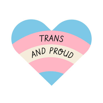 Retro heart graphic with Trans and Proud slogan in transgender flag colors isolated on white. Minimalist 90s aesthetic design element for LGBTQ pride month celebration and community visibility. Vector