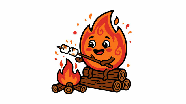 Cute cartoon campfire character roasting marshmallows over a fire