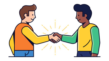 Fototapeta premium Handshake Agreement: Two individuals, diverse in appearance, seal a deal with a firm handshake, surrounded by radiating lines symbolizing trust and a successful partnership.