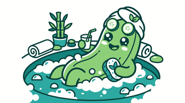 A cheerful green pickle enjoys a relaxing spa day in a bubbly bathtub
