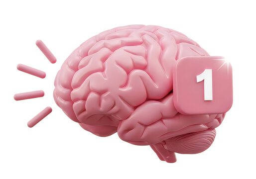 Vivid 3D illustration of a pink brain radiating light, featuring a number '1' notification, representing initial ideas and innovative thinking