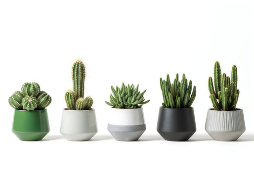 Diverse collection of indoor potted cacti and succulents showcasing modern ceramic planters and minimalist home decor aesthetics