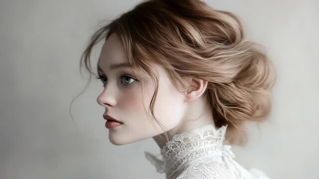 A young woman poses for a portrait with light hair styled in an updo. She wears a white dress and looks to the side, showing natural features in a simple setting. The lighting highlights her face