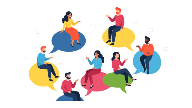 Group Discussion: Diverse individuals engage in lively conversation, seated on colorful speech bubbles, symbolizing communication and idea exchange.