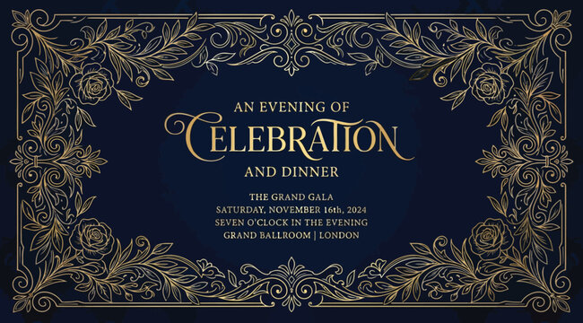 Elegant gala dinner invitation template with golden floral frame on dark blue background