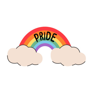 Hand-drawn rainbow with clouds and pride text isolated on white. Playful retro aesthetic graphic for LGBTQ pride month, queer joy, and inclusive social media stickers. Vector illustration.