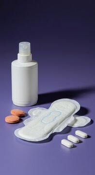 Close view of essential items used for managing the natural monthly cycle, including pain relief measures and hygiene protection products ,necessity ,health ,cycle