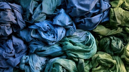 Obraz premium Blue-green shirts, wet and ready for cleaning, seen from above.